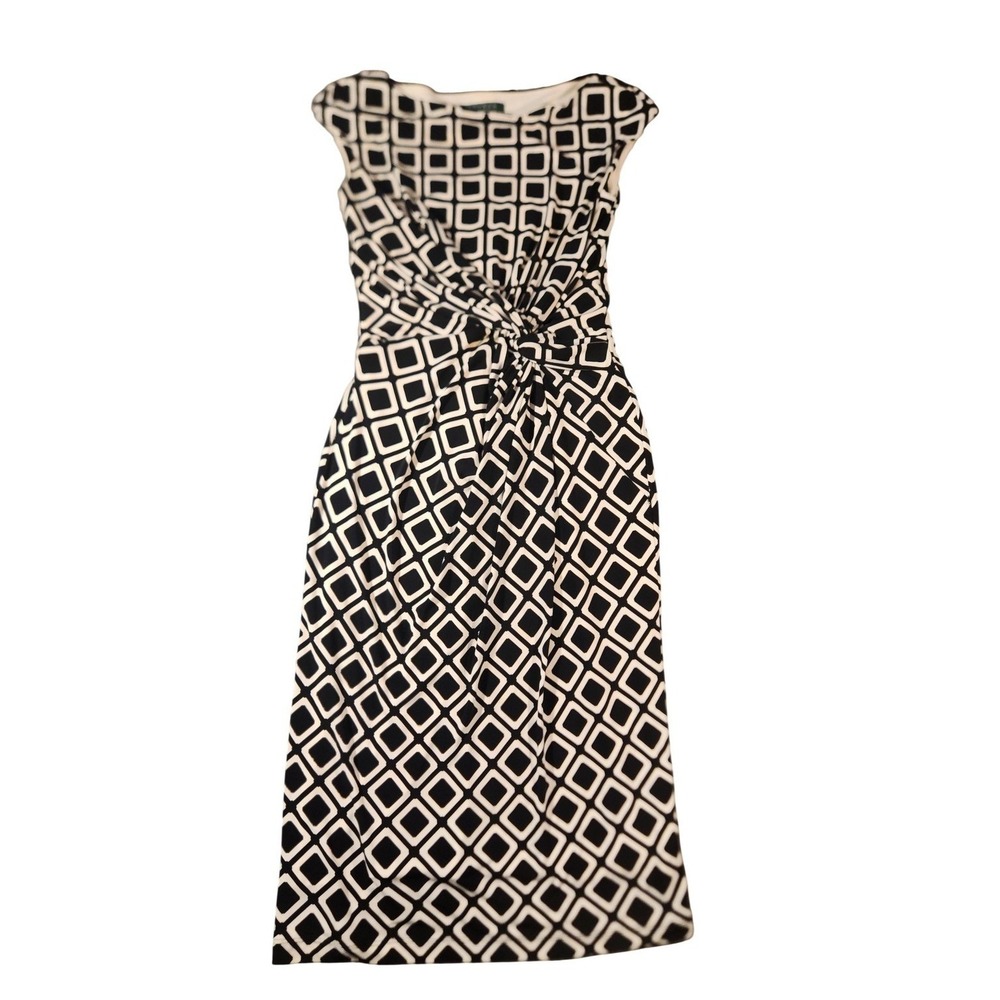 Lauren Ralph Lauren Dress Womens 2 Black White Geometric Jersey Sheath Midi Knot